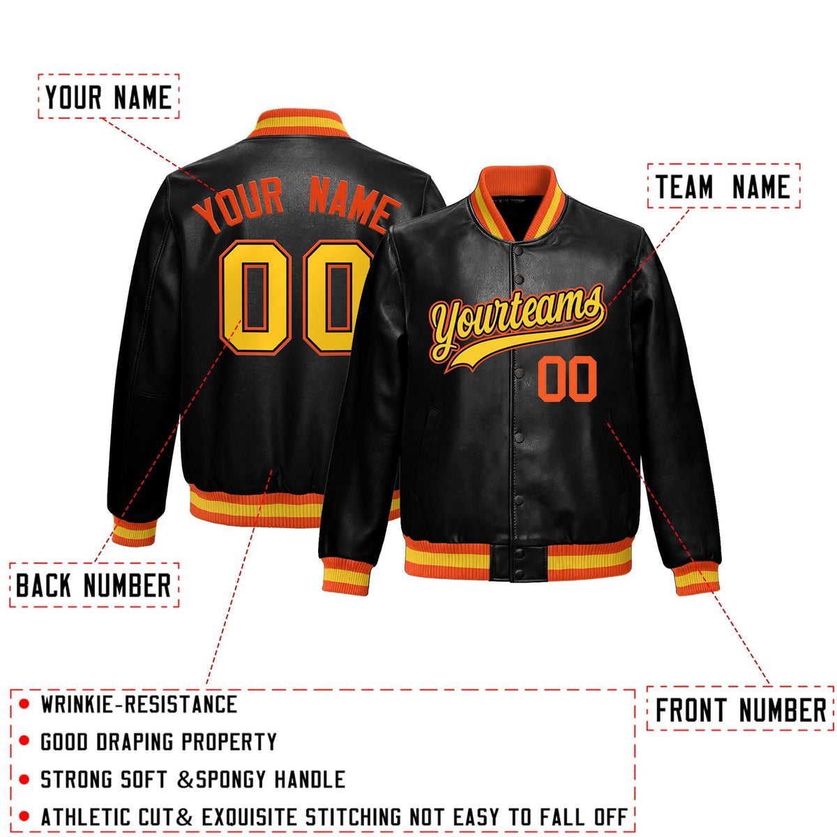 Custom Black Orange Gold Full-Snap Varsity Faux Leather Letterman Jacket| KXKSHOP