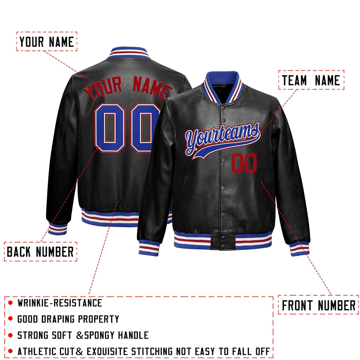 Custom Black Royal Blue Full-Snap Varsity Faux Leather Letterman Jacket| KXKSHOP