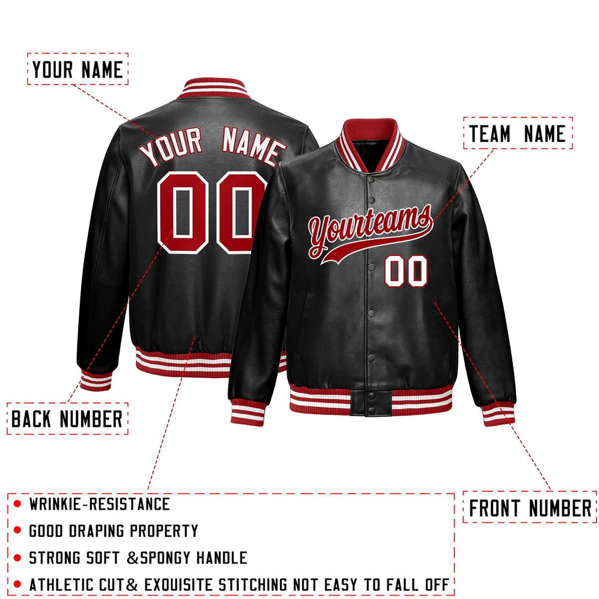Custom Black Red White Full-Snap Varsity Faux Leather Letterman Jacket| KXKSHOP