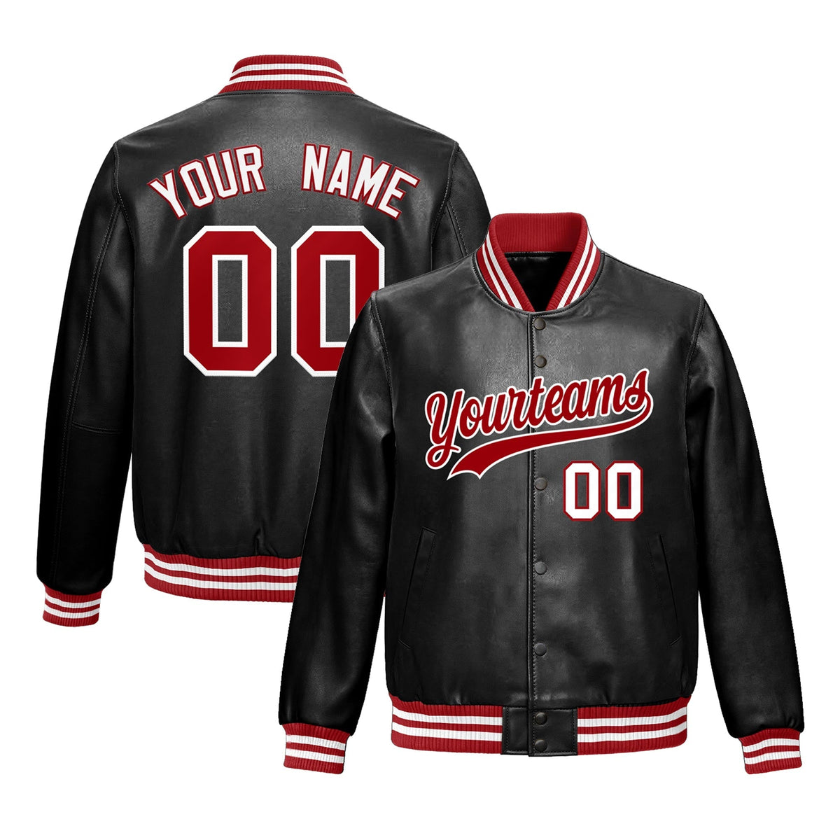 Custom Black Red White Full-Snap Varsity Faux Leather Letterman Jacket| KXKSHOP