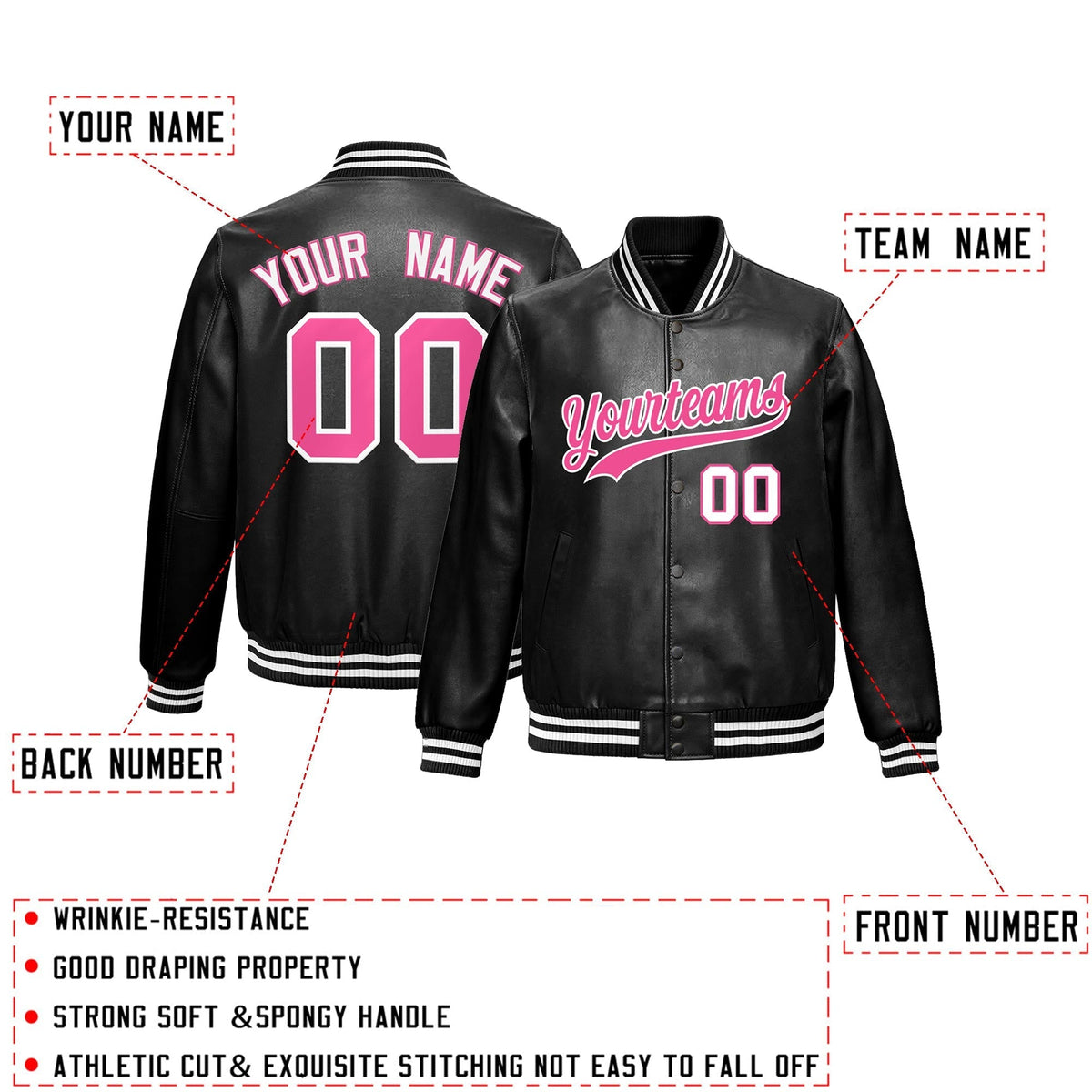 Custom Black Pink White Full-Snap Varsity Faux Leather Letterman Jacket| KXKSHOP
