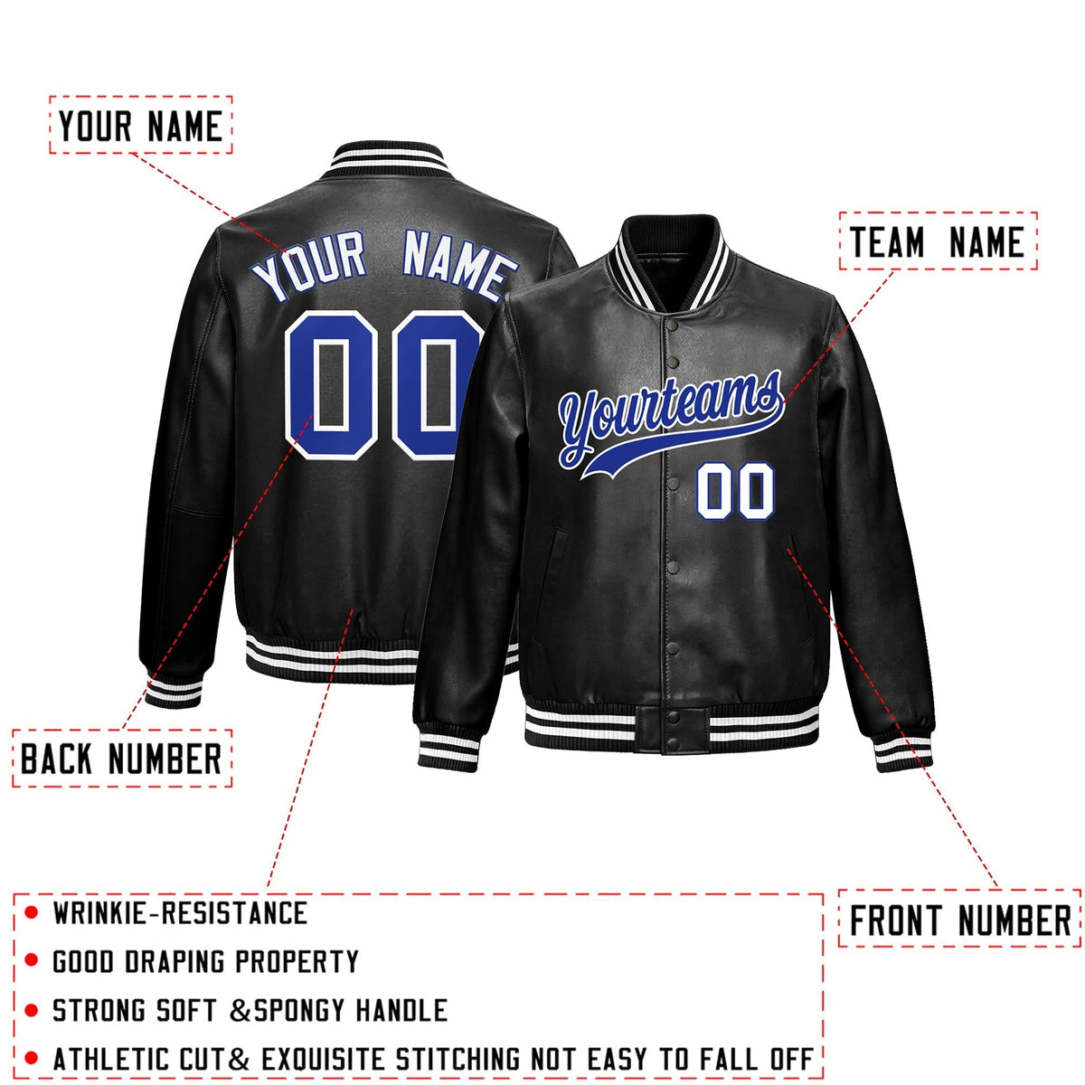 Custom Black Royal Blue White Full-Snap Varsity Faux Leather Letterman Jacket| KXKSHOP