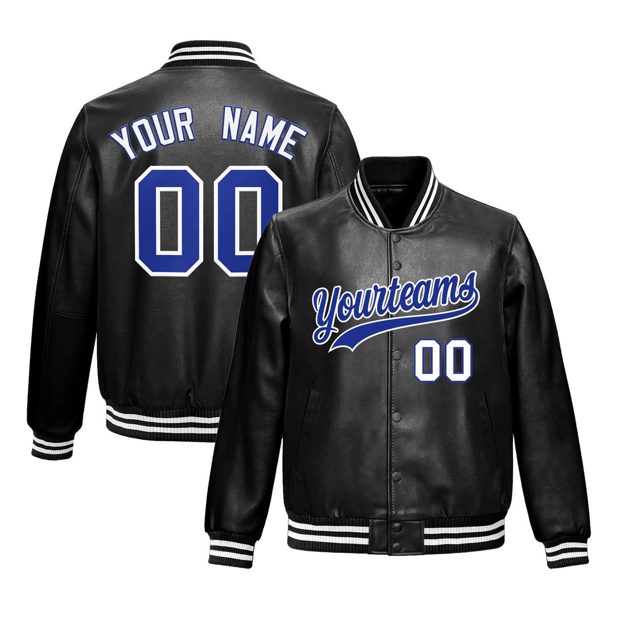 Custom Black Royal Blue White Full-Snap Varsity Faux Leather Letterman Jacket| KXKSHOP