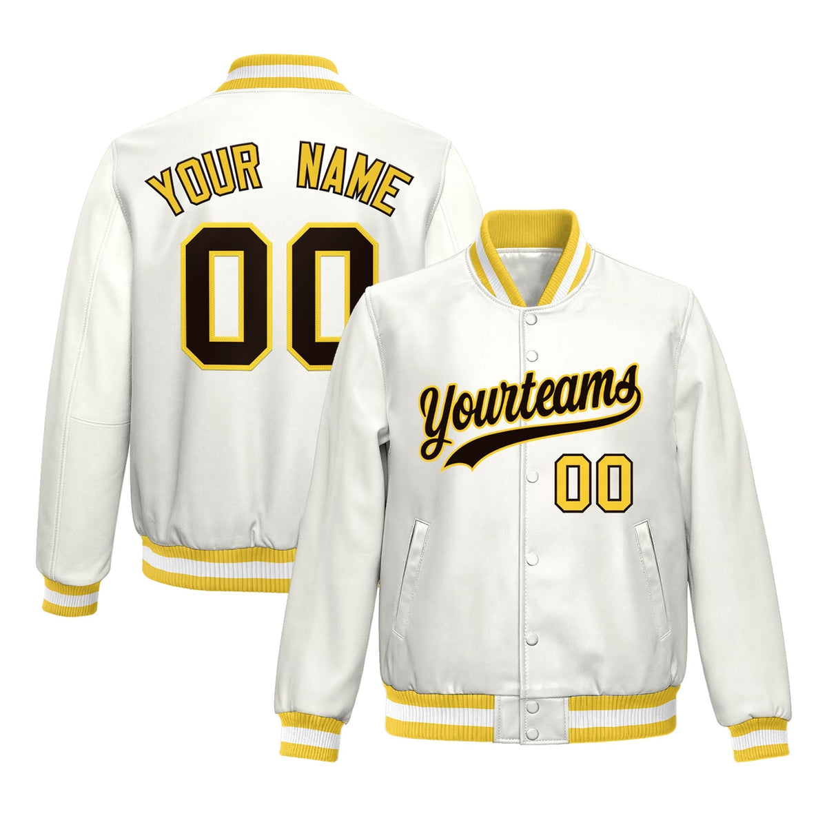Custom Gold White Full-Snap Varsity Faux Leather Letterman Jacket| KXKSHOP