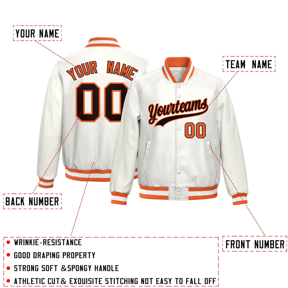 Custom Orange White Full-Snap Varsity Faux Leather Letterman Jacket| KXKSHOP