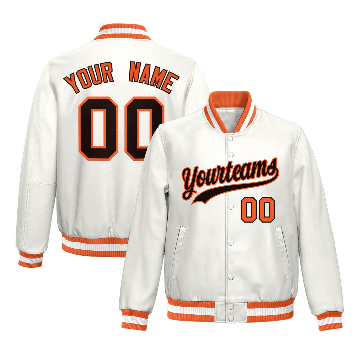 Custom Orange White Full-Snap Varsity Faux Leather Letterman Jacket| KXKSHOP