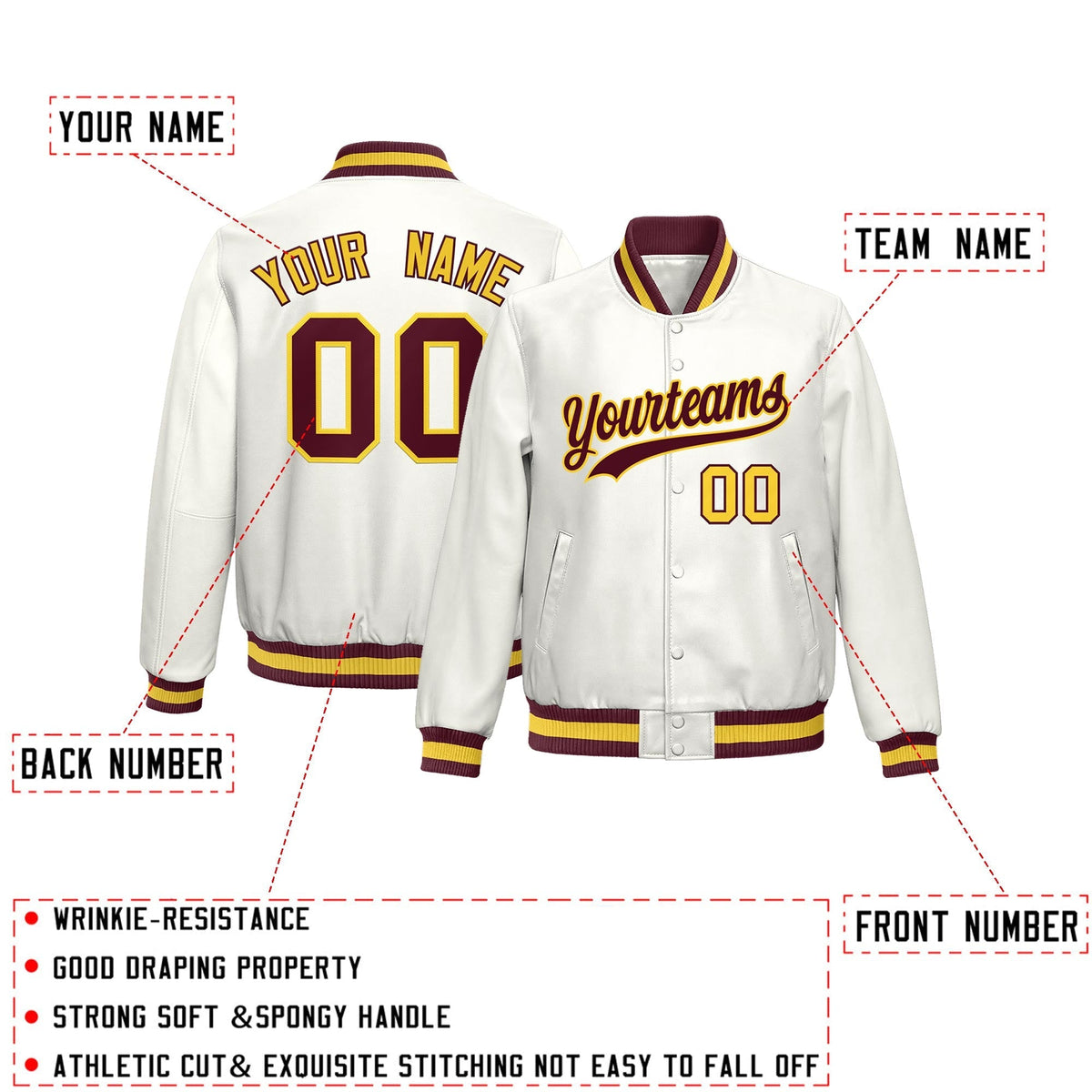 Custom White Crimson Yellow Full-Snap Varsity Faux Leather Letterman Jacket| KXKSHOP