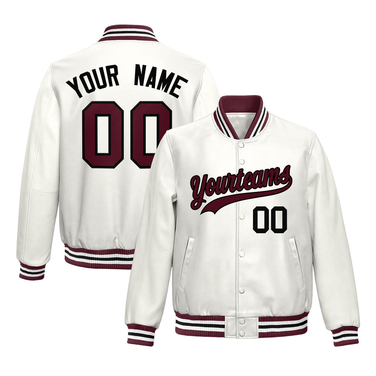 Custom White Crimson Full-Snap Varsity Faux Leather Letterman Jacket| KXKSHOP