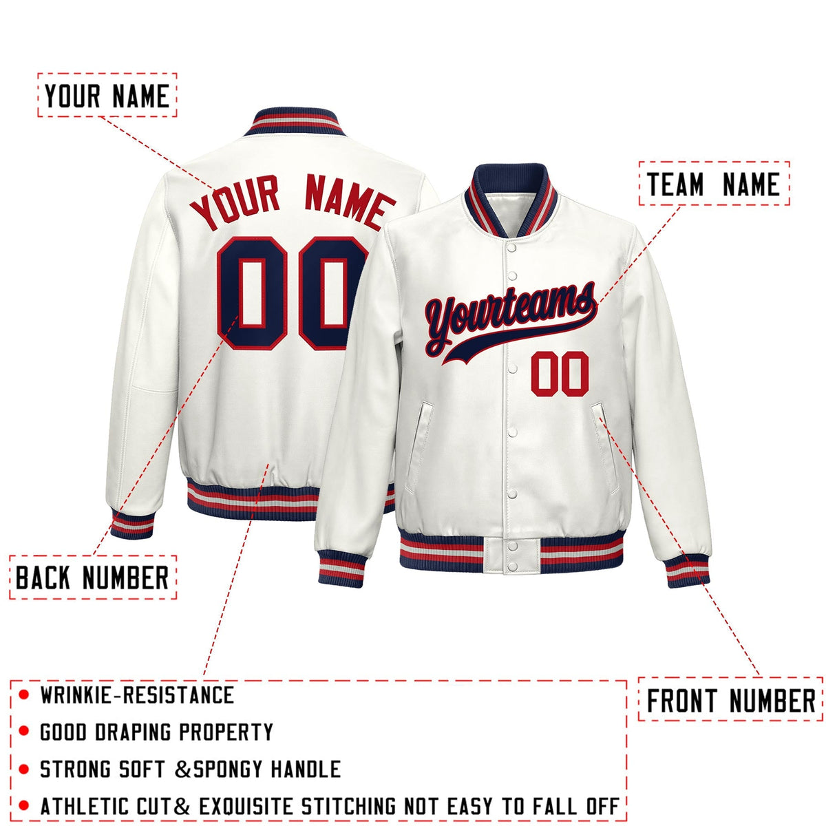 Custom White Navy Red Full-Snap Varsity Faux Leather Letterman Jacket| KXKSHOP