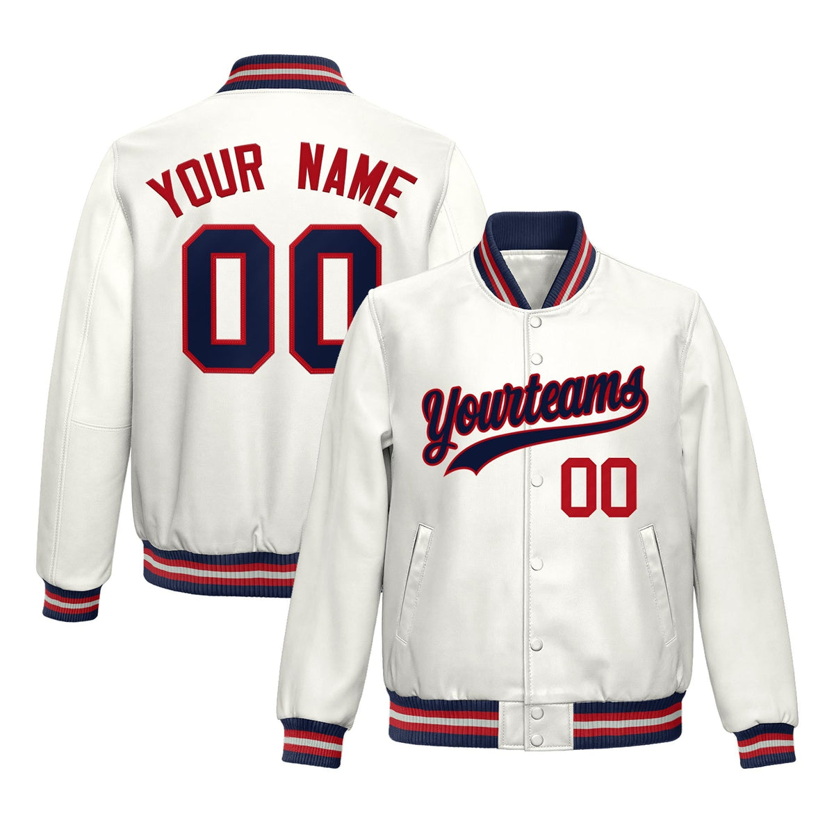 Custom White Navy Red Full-Snap Varsity Faux Leather Letterman Jacket| KXKSHOP