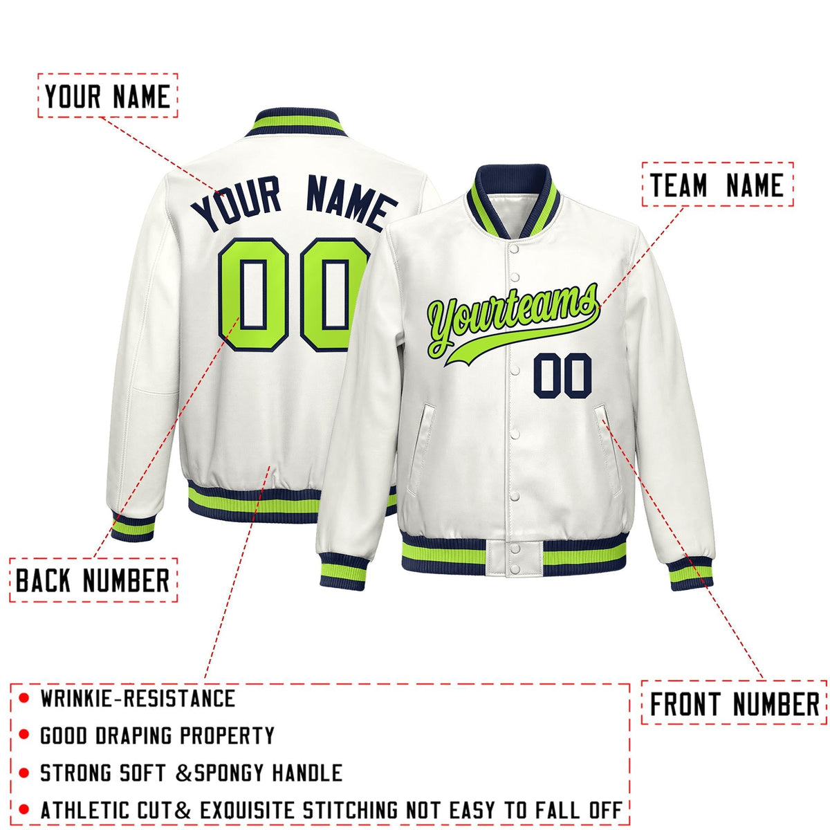 Custom White Neon Green Full-Snap Varsity Faux Leather Letterman Jacket| KXKSHOP