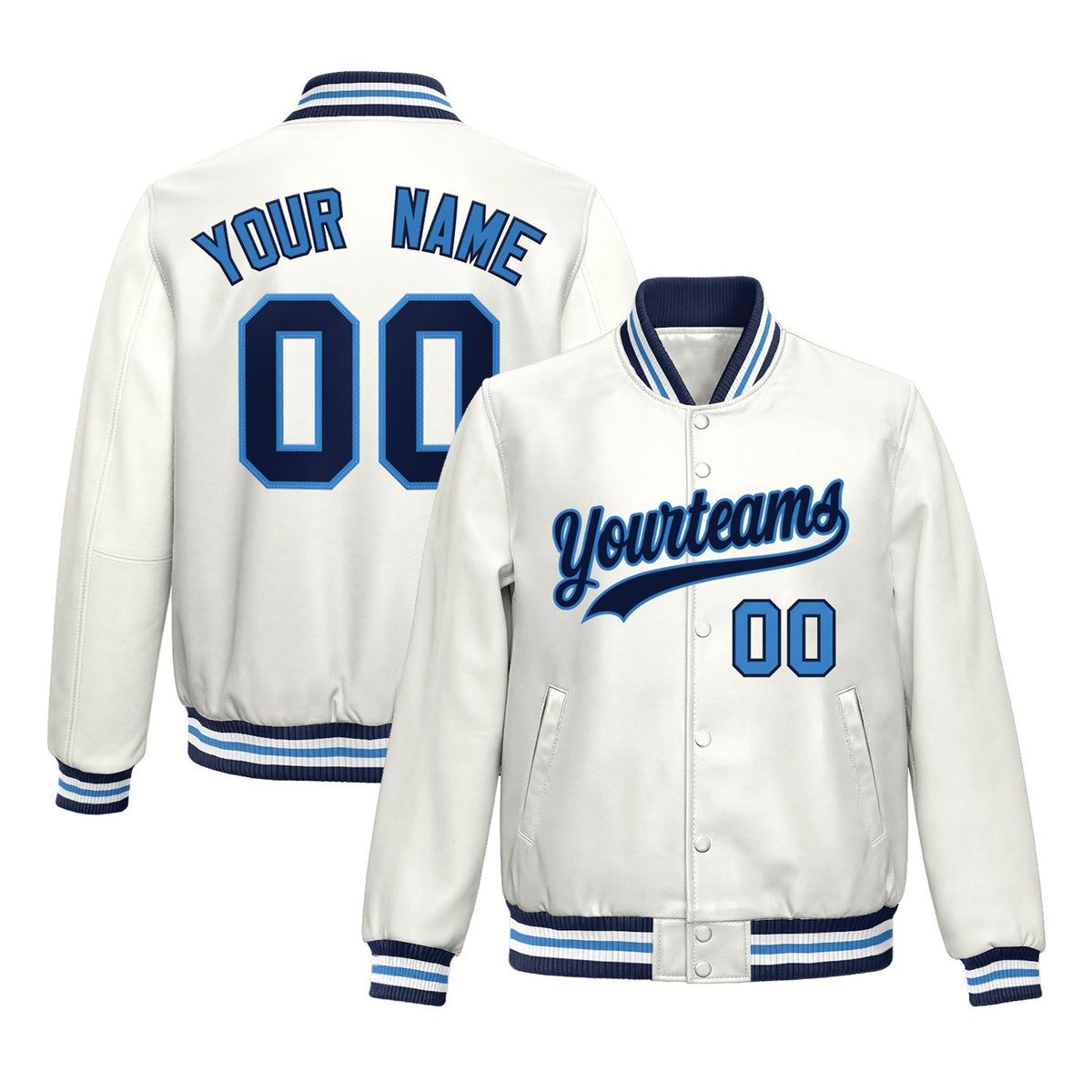 Custom White Light Blue Full-Snap Varsity Faux Leather Letterman Jacket| KXKSHOP