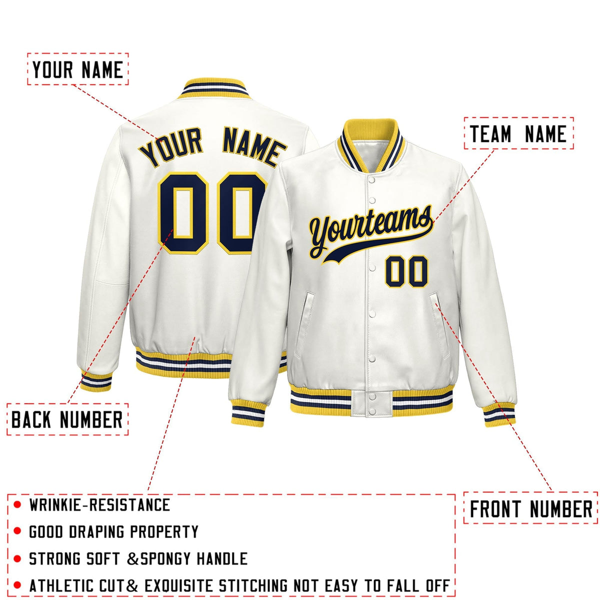 Custom White Yellow Navy Full-Snap Varsity Faux Leather Letterman Jacket| KXKSHOP