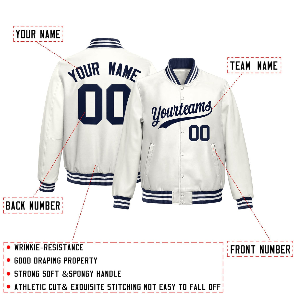 Custom White Navy Full-Snap Varsity Faux Leather Letterman Jacket| KXKSHOP