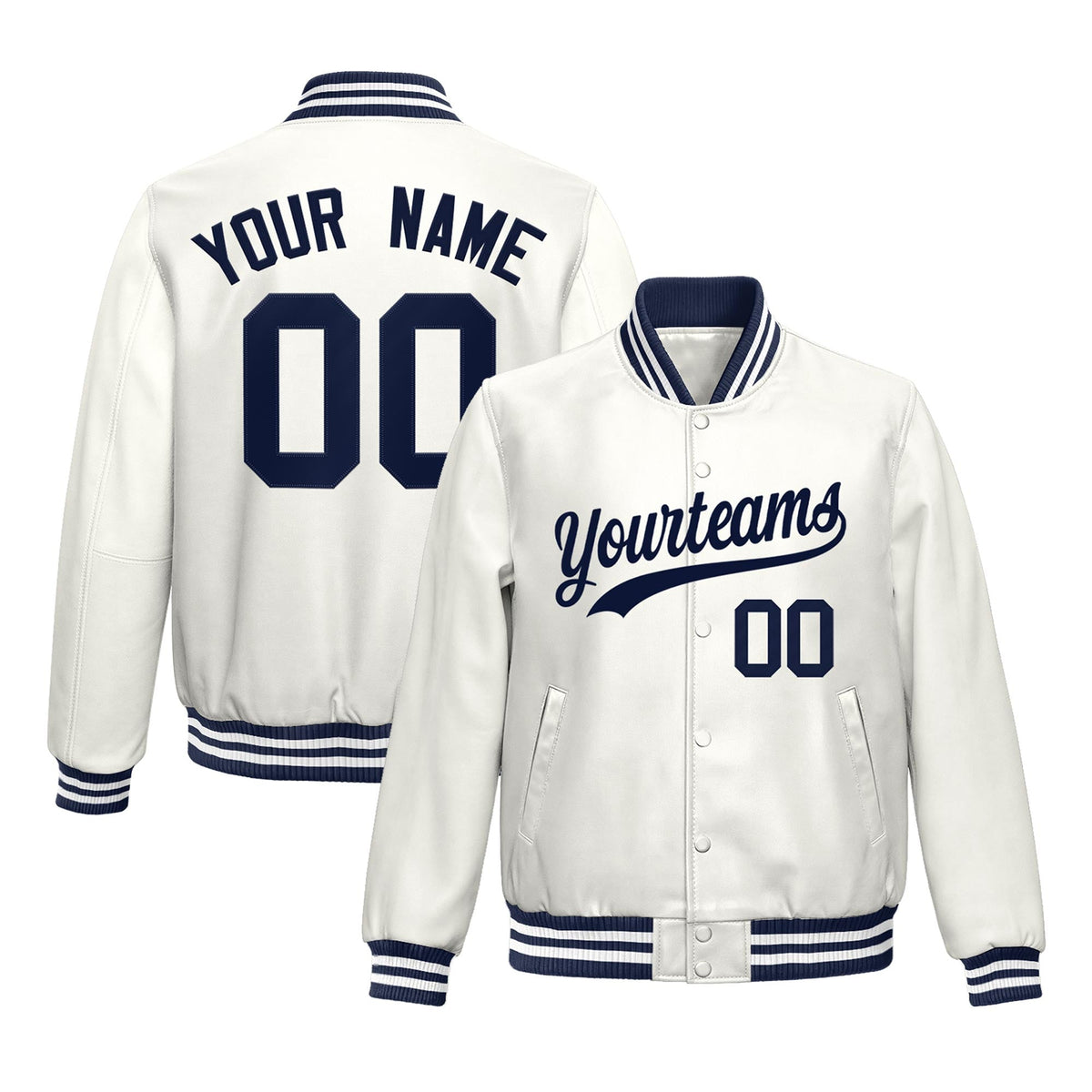 Custom White Navy Full-Snap Varsity Faux Leather Letterman Jacket| KXKSHOP