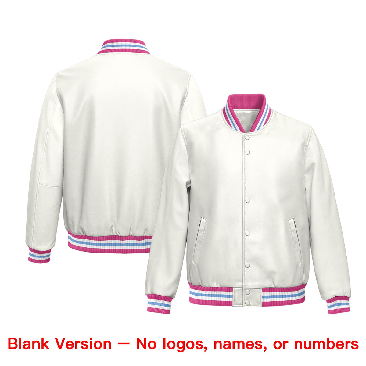 Custom White Pink Full-Snap Varsity Faux Leather Letterman Jacket| KXKSHOP
