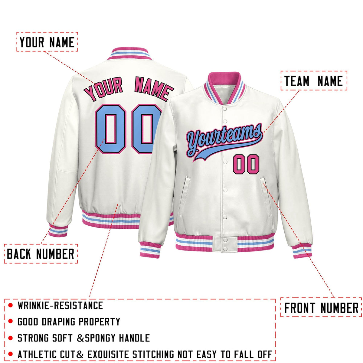 Custom White Pink Full-Snap Varsity Faux Leather Letterman Jacket| KXKSHOP