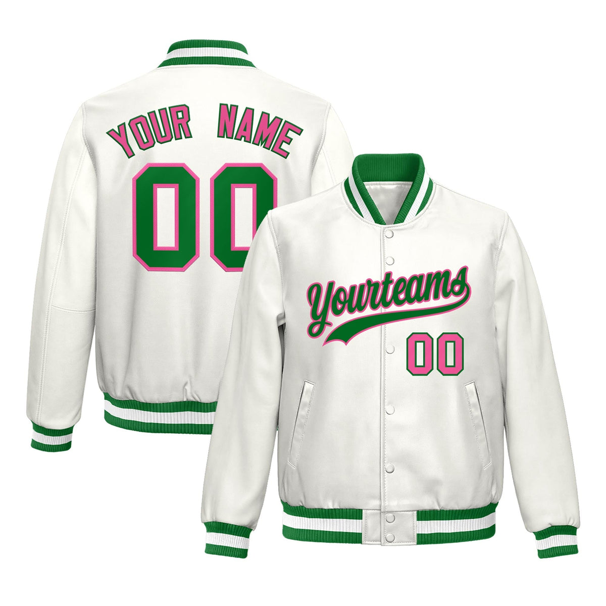 Custom White Kelly Green Pink Full-Snap Varsity Faux Leather Letterman Jacket| KXKSHOP