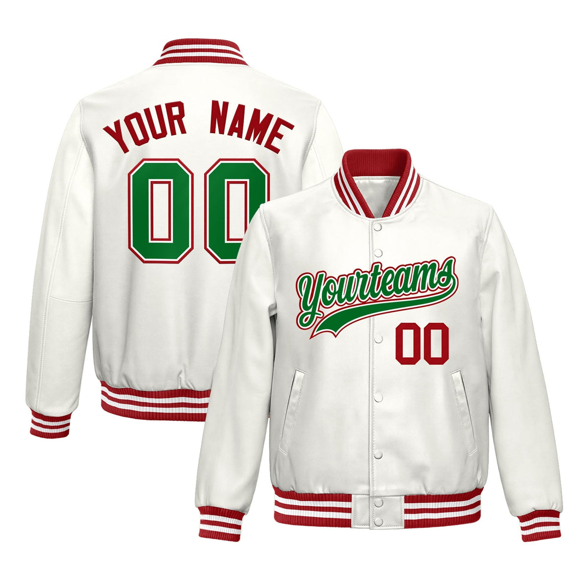 Custom White Kelly Green Full-Snap Varsity Faux Leather Letterman Jacket| KXKSHOP