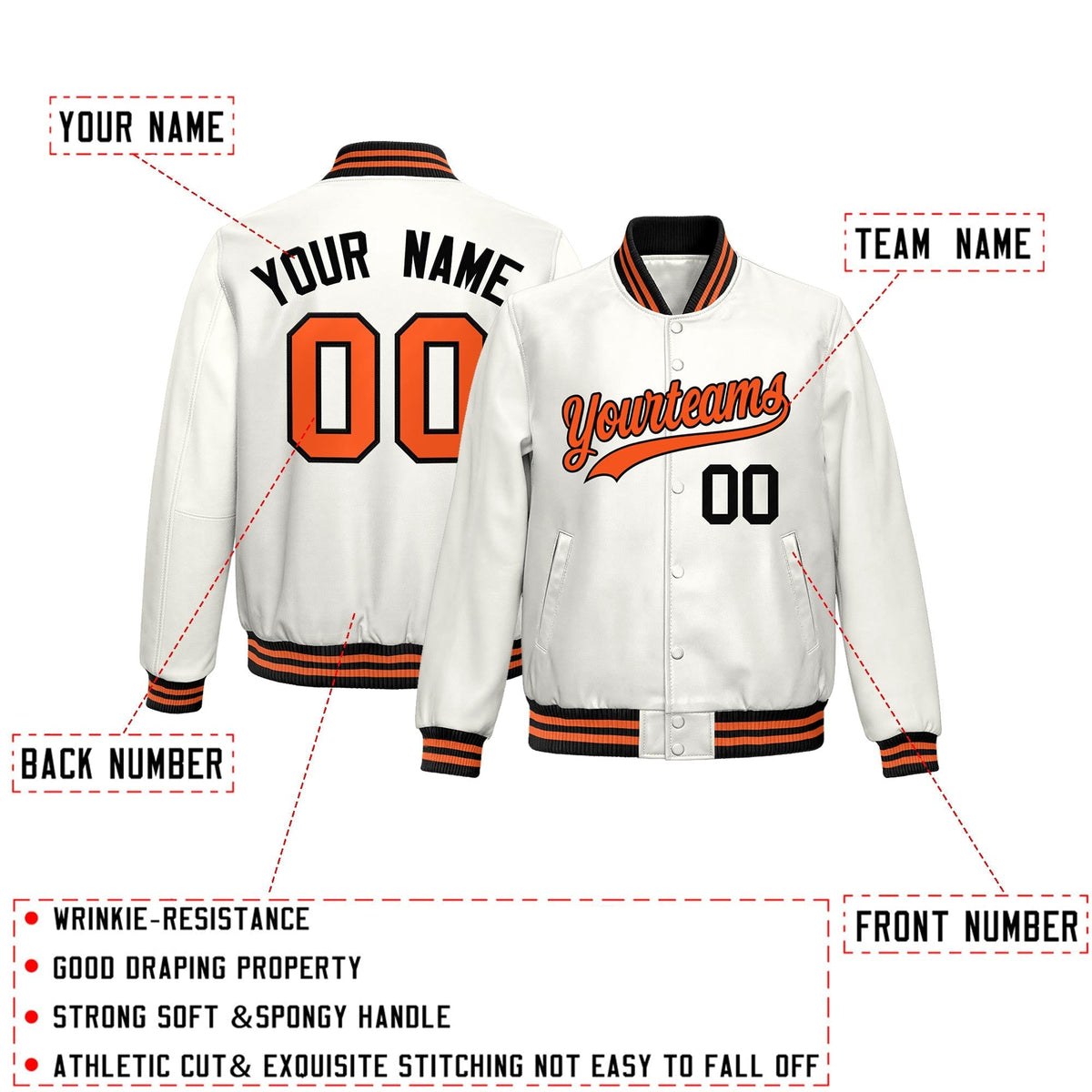 Custom White Orange Full-Snap Varsity Faux Leather Letterman Jacket| KXKSHOP