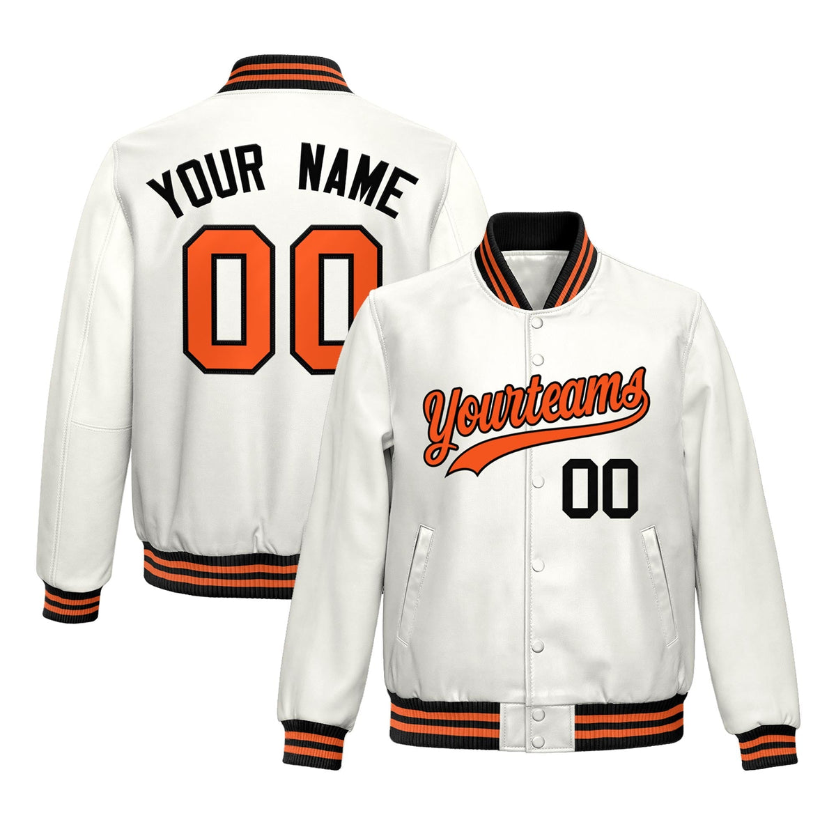 Custom White Orange Full-Snap Varsity Faux Leather Letterman Jacket| KXKSHOP