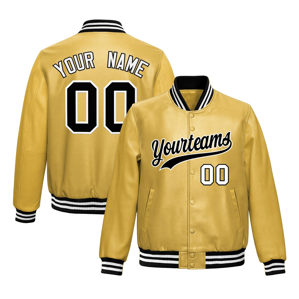 Custom Khaki Black Full-Snap Varsity Faux Leather Letterman Jacket| KXKSHOP