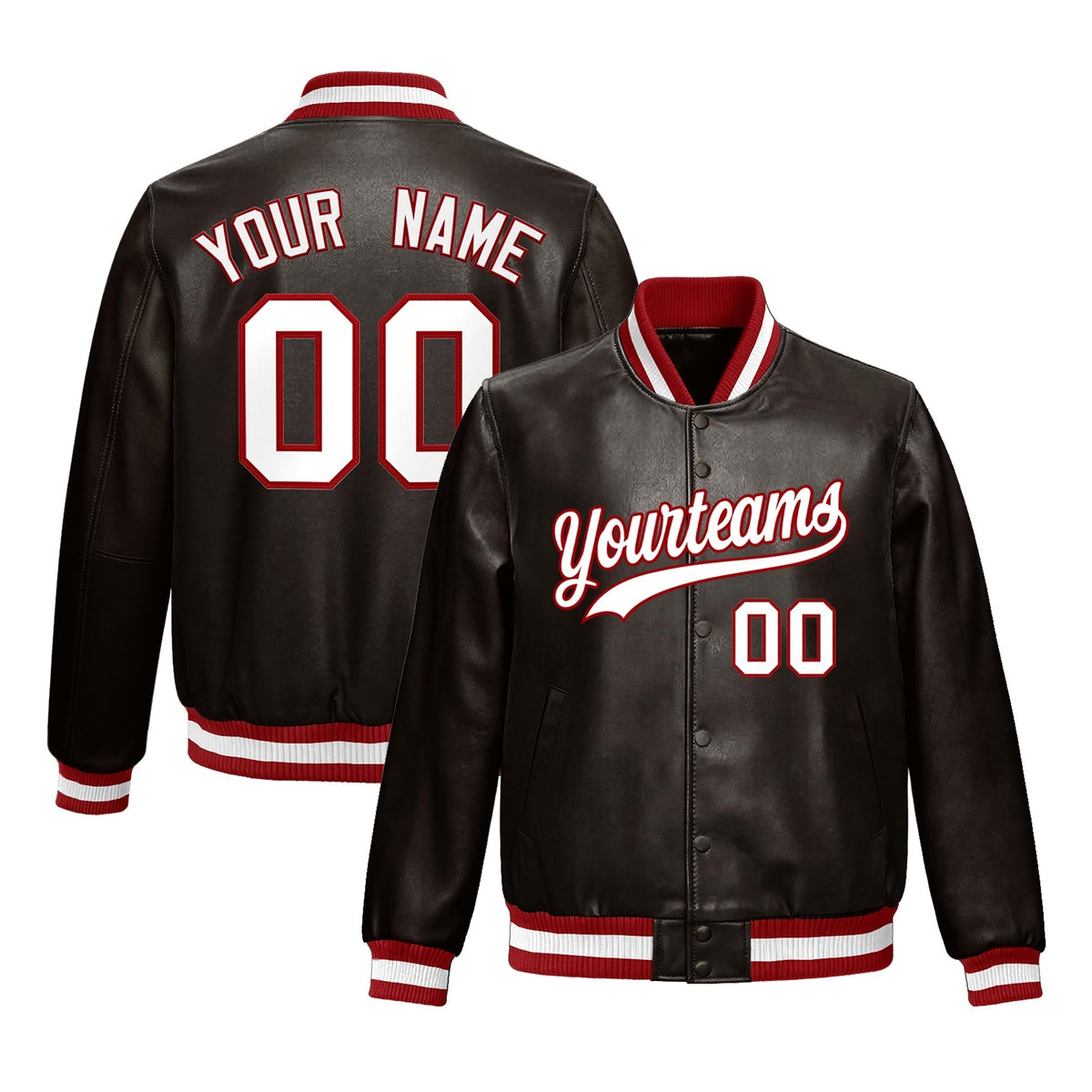 Custom Brown Red Full-Snap Varsity Faux Leather Letterman Jacket| KXKSHOP