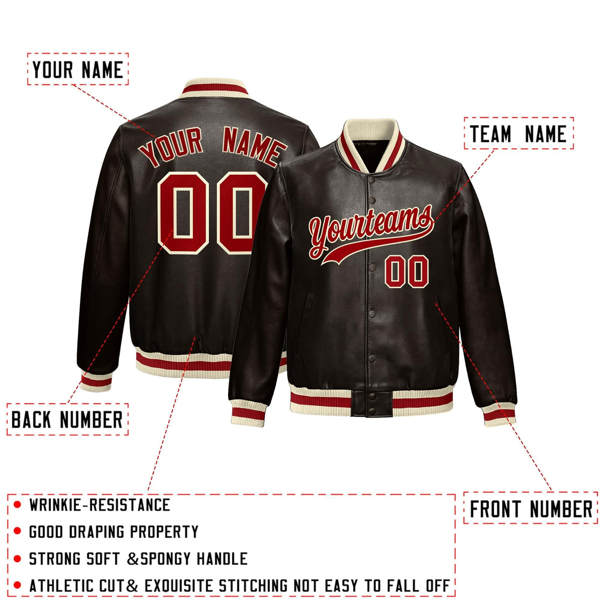Custom Brown Red Cream Full-Snap Varsity Faux Leather Letterman Jacket| KXKSHOP