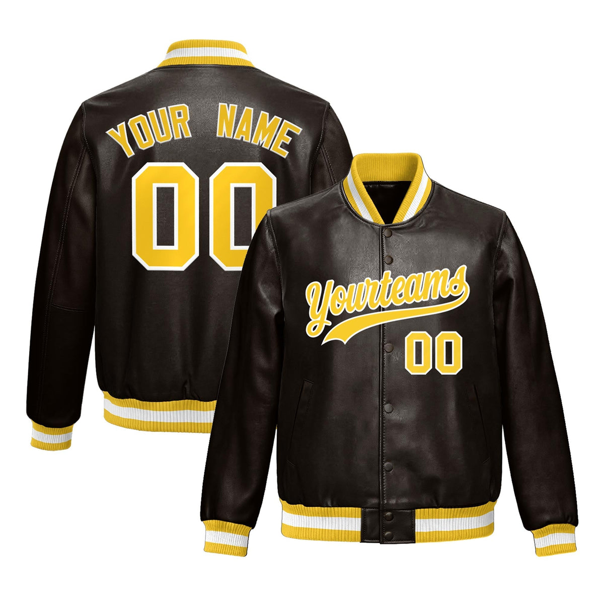 Custom Brown Yellow Full-Snap Varsity Faux Leather Letterman Jacket| KXKSHOP