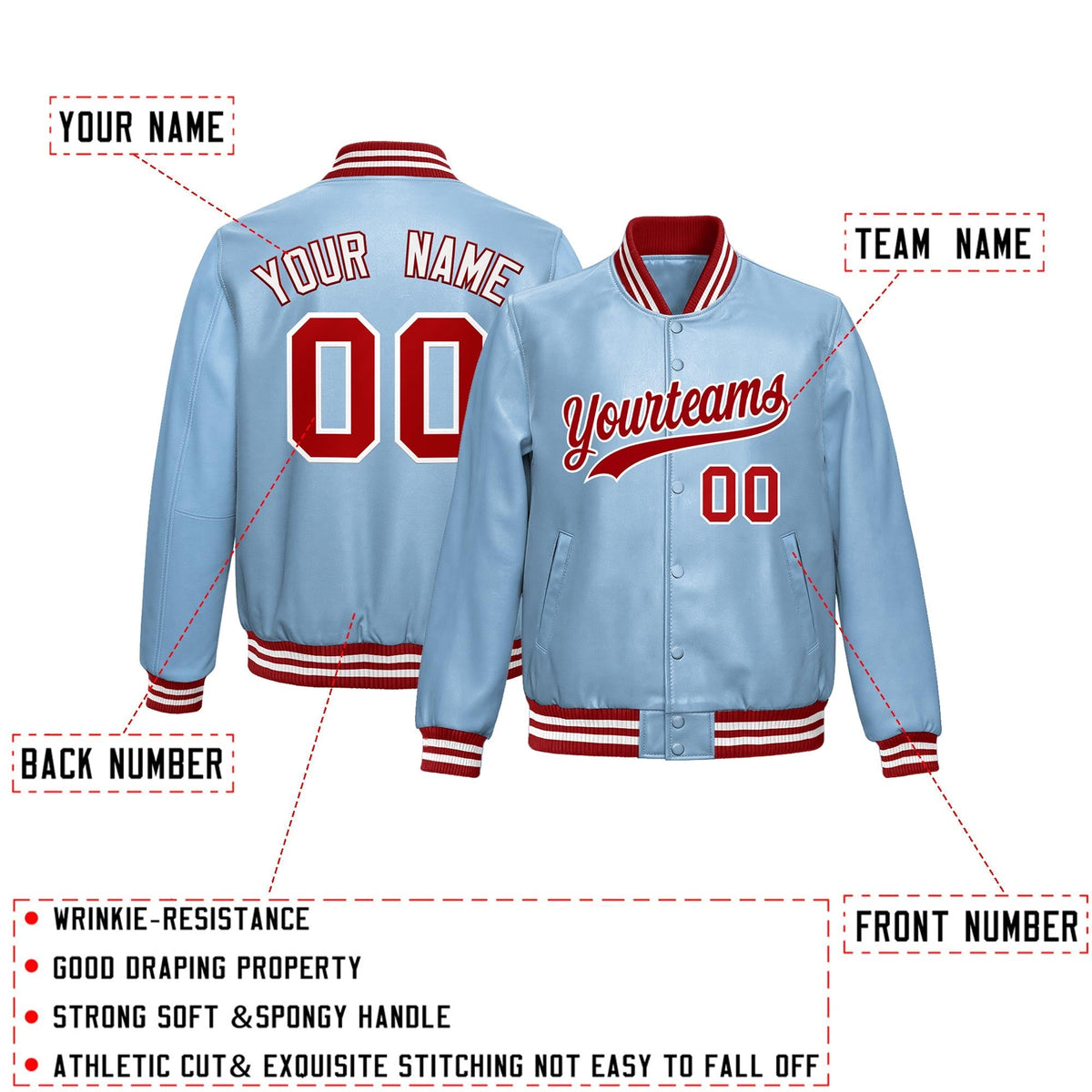 Custom Powder Blue Red Full-Snap Varsity Faux Leather Letterman Jacket| KXKSHOP