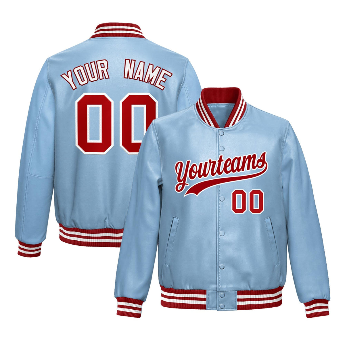 Custom Powder Blue Red Full-Snap Varsity Faux Leather Letterman Jacket| KXKSHOP