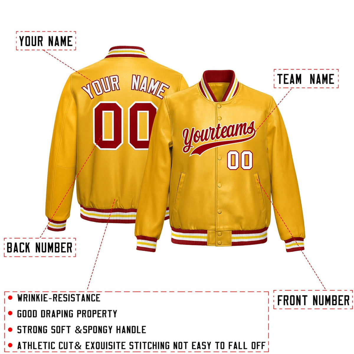 Custom Yellow Red Full-Snap Varsity Faux Leather Letterman Jacket| KXKSHOP