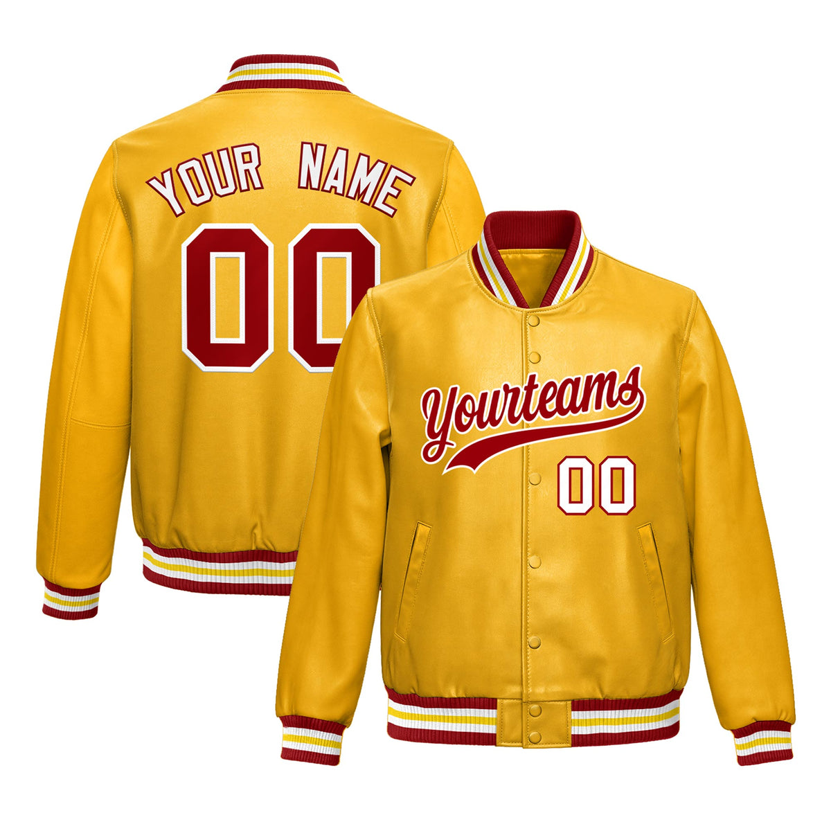Custom Yellow Red Full-Snap Varsity Faux Leather Letterman Jacket| KXKSHOP