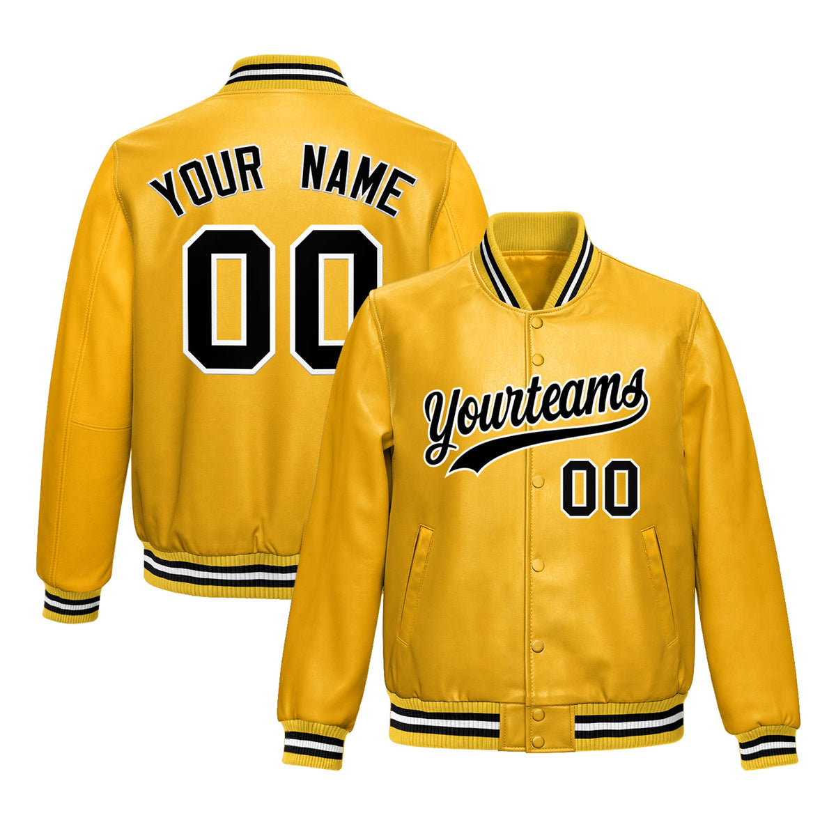Custom Yellow Black Full-Snap Varsity Faux Leather Letterman Jacket| KXKSHOP