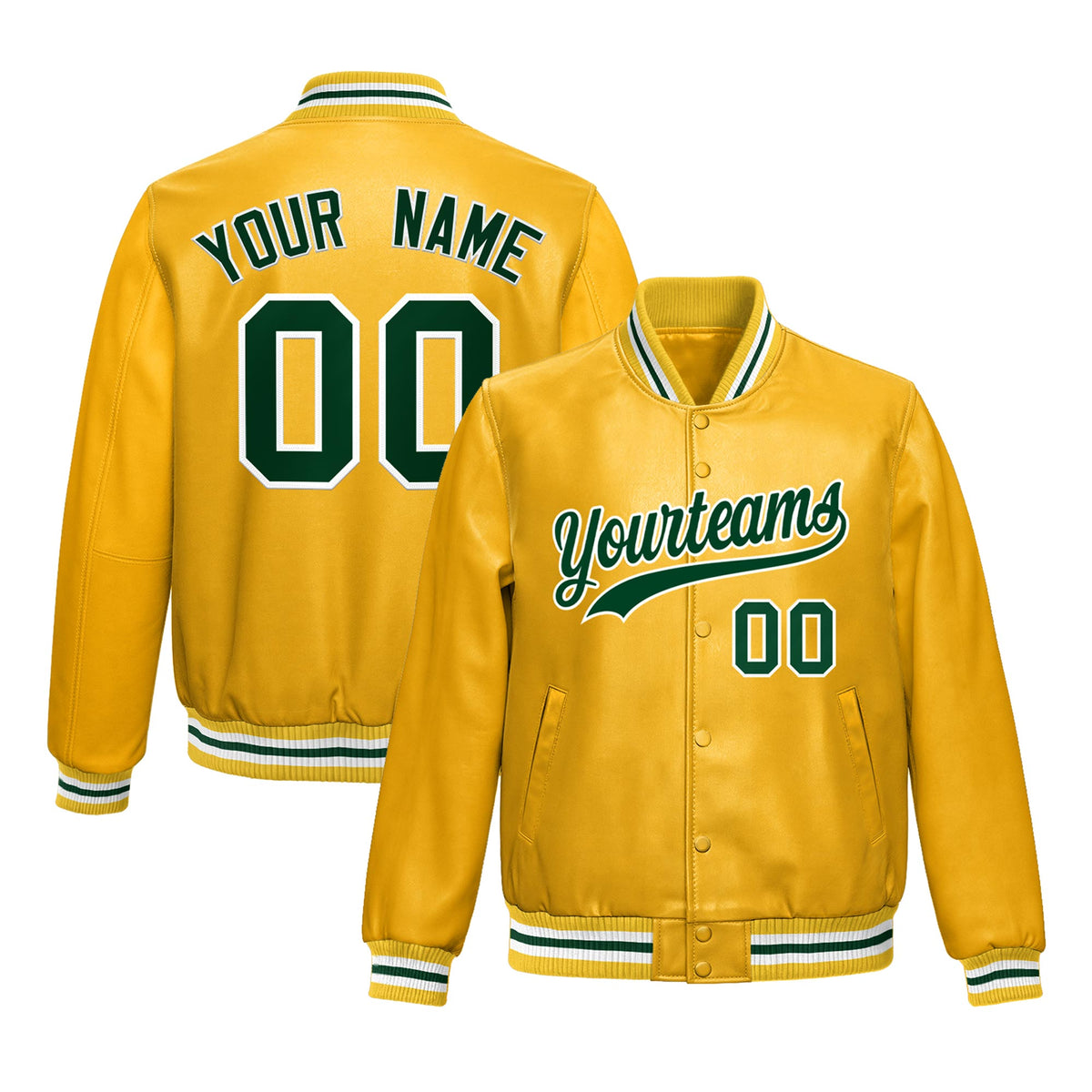 Custom Yellow Dark Green Full-Snap Varsity Faux Leather Letterman Jacket| KXKSHOP