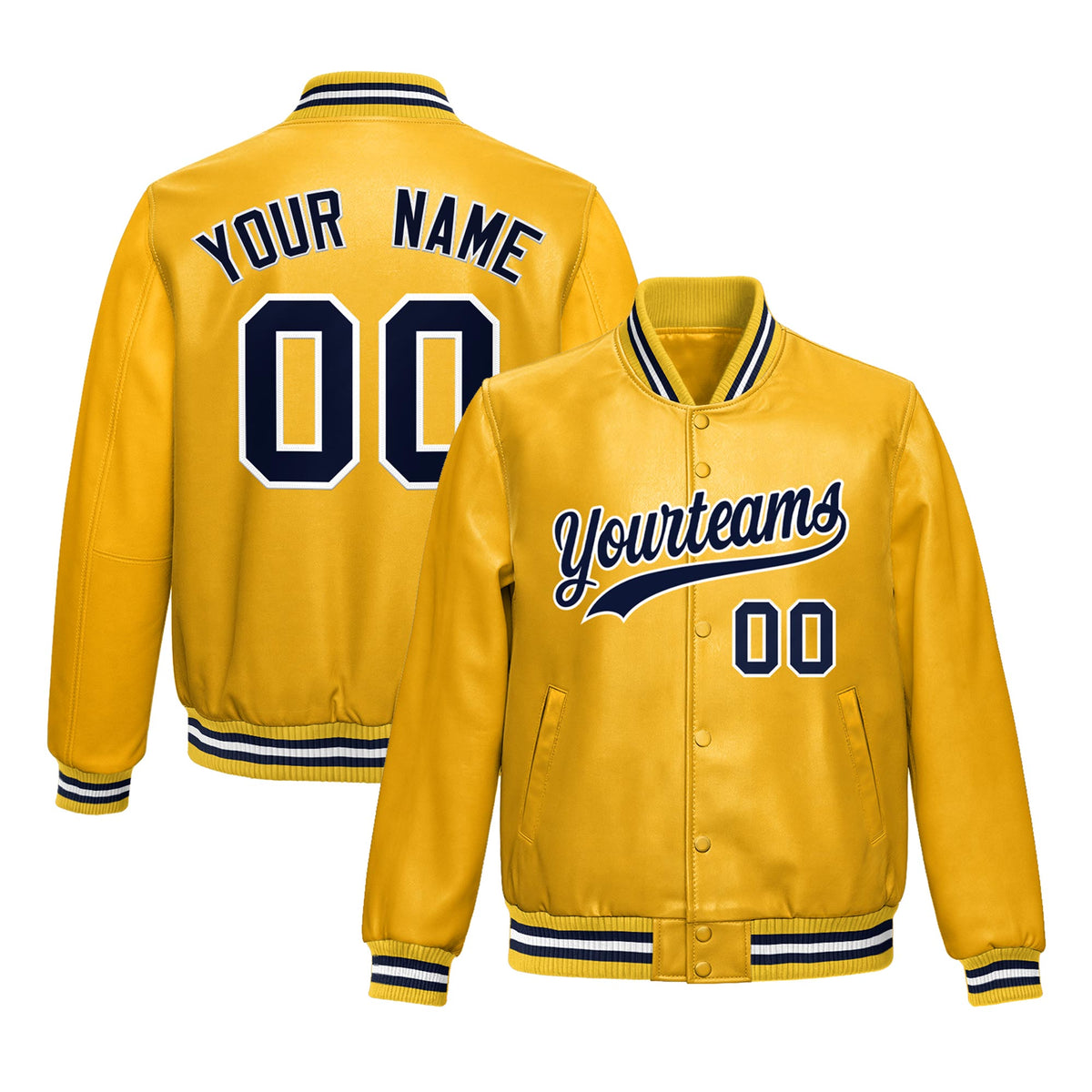 Custom Yellow Navy Full-Snap Varsity Faux Leather Letterman Jacket| KXKSHOP