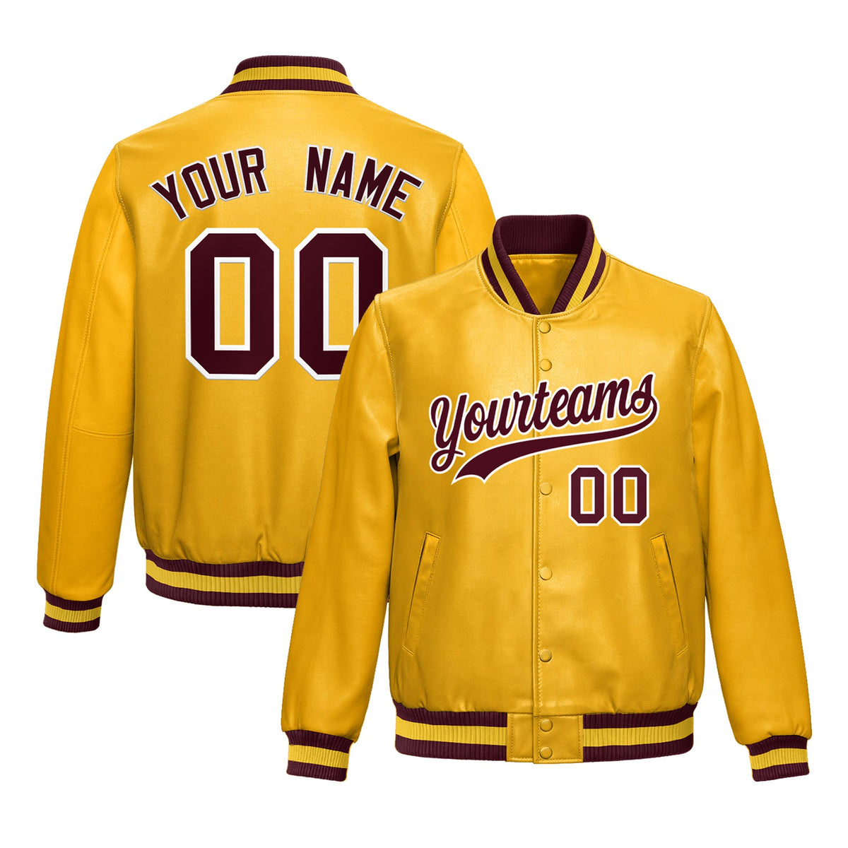 Custom Yellow Crimson Full-Snap Varsity Faux Leather Letterman Jacket| KXKSHOP