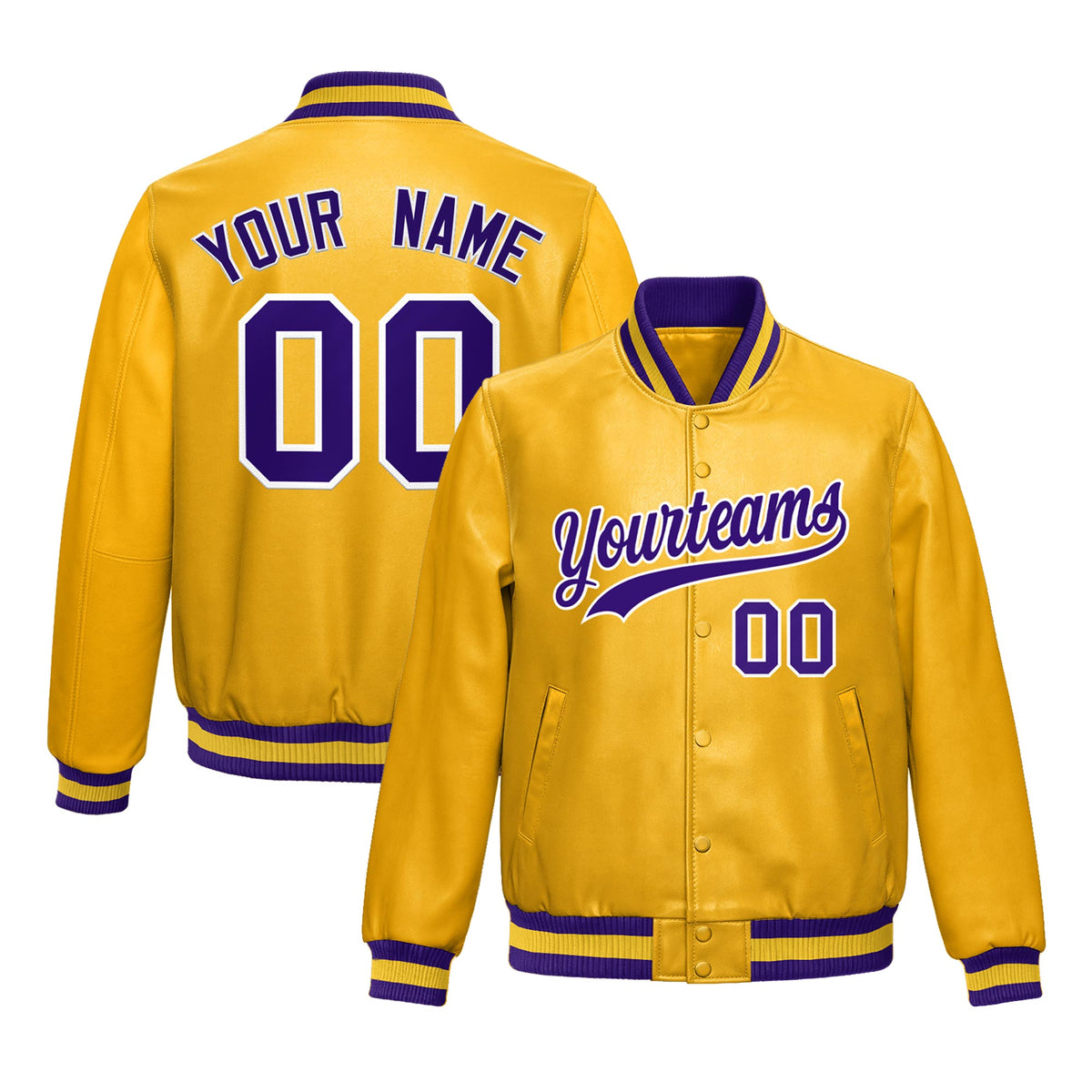 Custom Yellow Purple Full-Snap Varsity Faux Leather Letterman Jacket| KXKSHOP