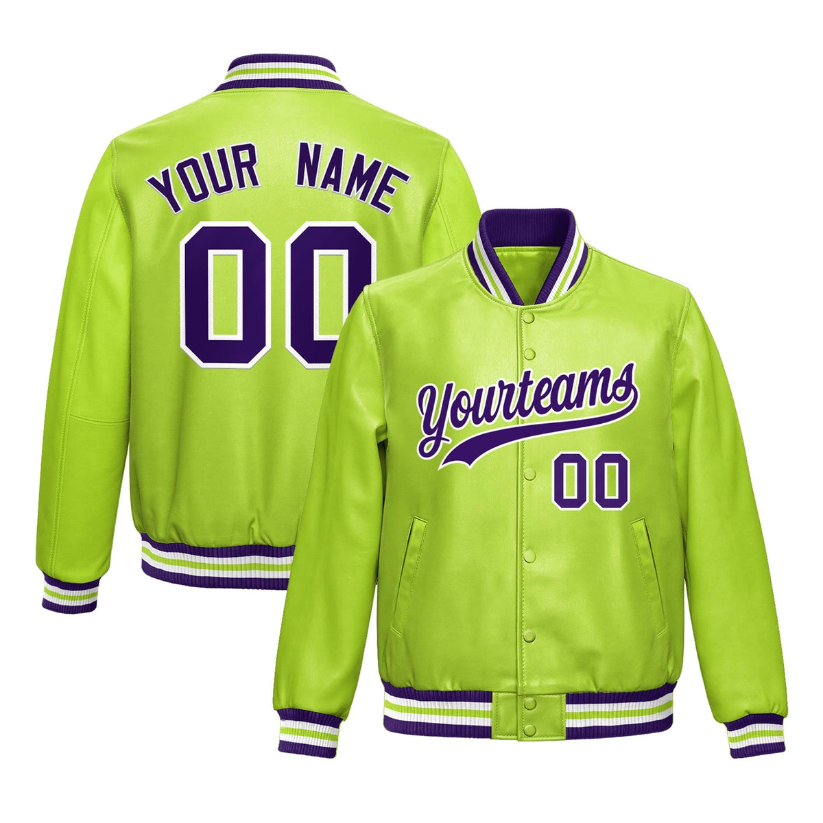 Custom Neon Green Purple Full-Snap Varsity Faux Leather Letterman Jacket| KXKSHOP