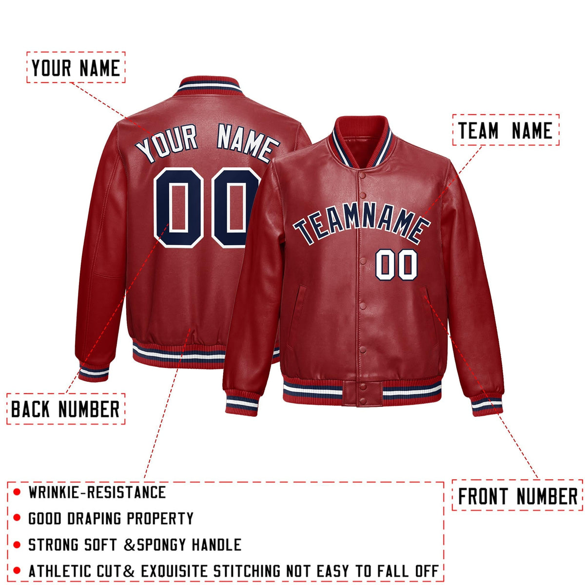 Custom Red Navy Full-Snap Varsity Faux Leather Letterman Jacket| KXKSHOP