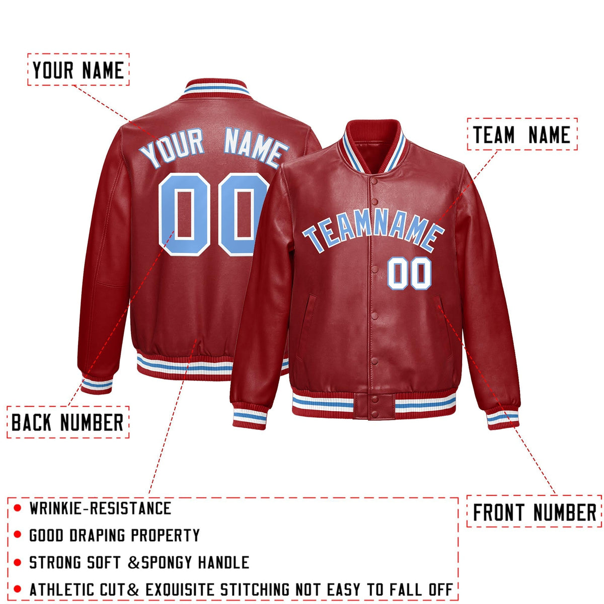 Custom Red Light Blue Full-Snap Varsity Faux Leather Letterman Jacket| KXKSHOP