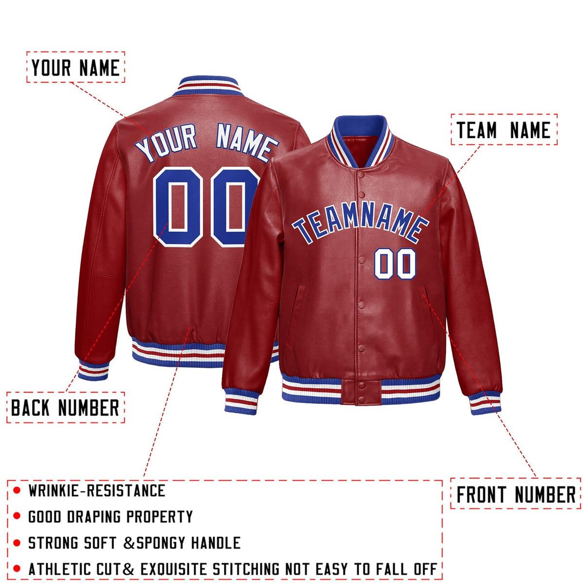Custom Red Royal Blue Full-Snap Varsity Faux Leather Letterman Jacket| KXKSHOP