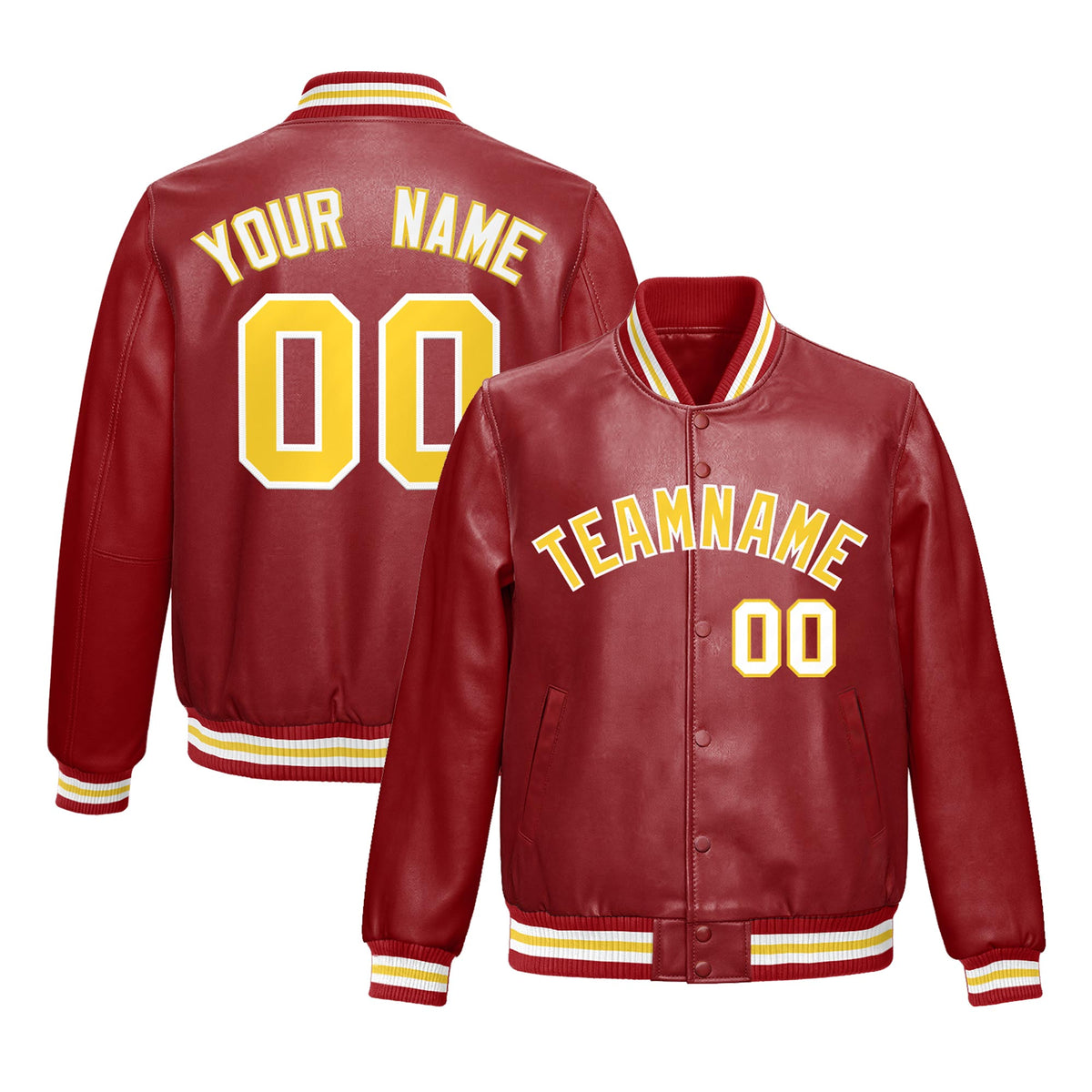 Custom Red Gold Full-Snap Varsity Faux Leather Letterman Jacket| KXKSHOP
