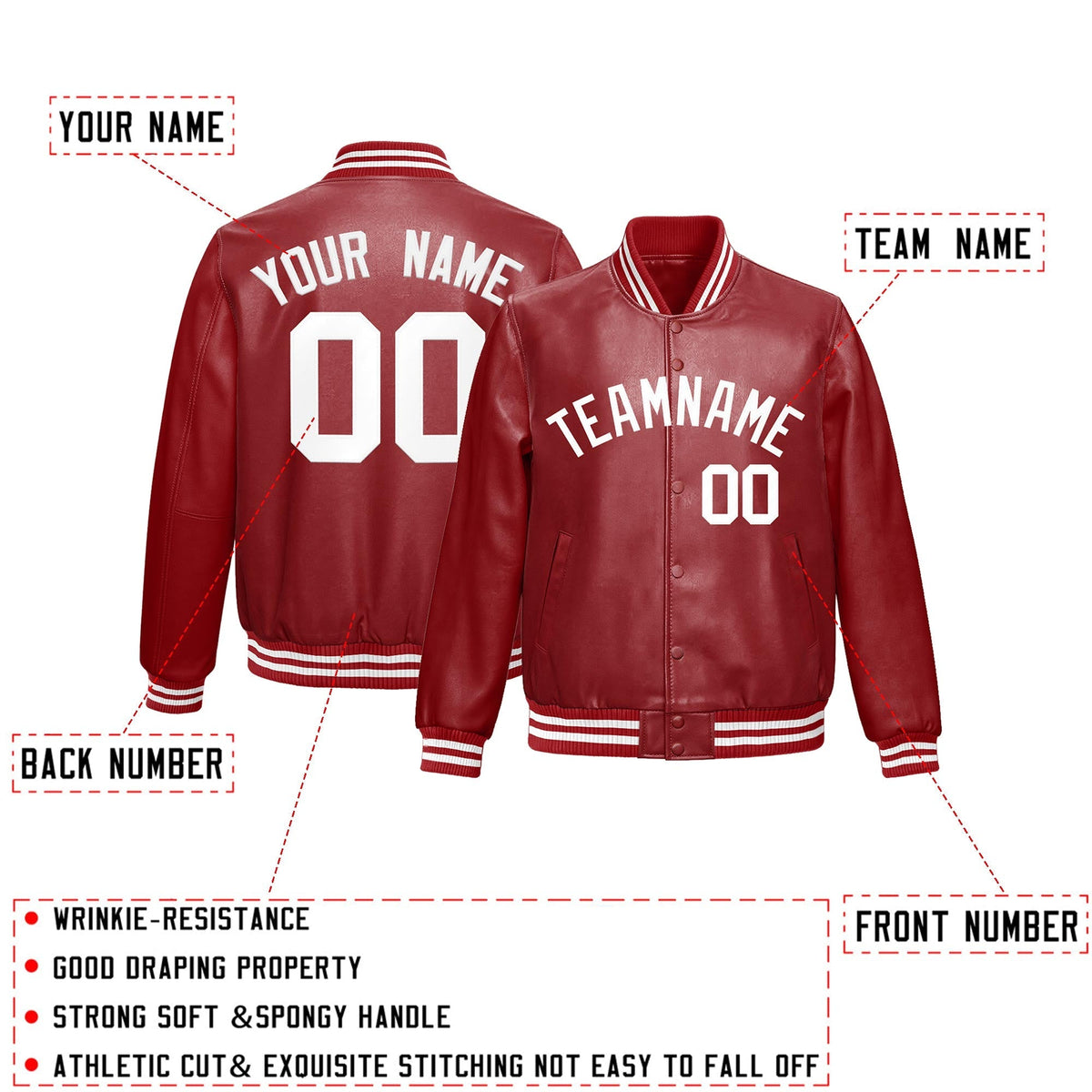 Custom Red White Full-Snap Varsity Faux Leather Letterman Jacket| KXKSHOP