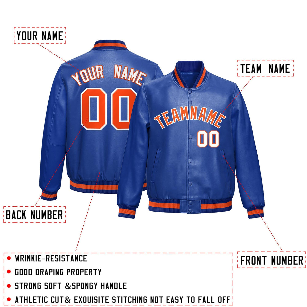 Custom Royal Blue Orange Full-Snap Varsity Faux Leather Letterman Jacket| KXKSHOP