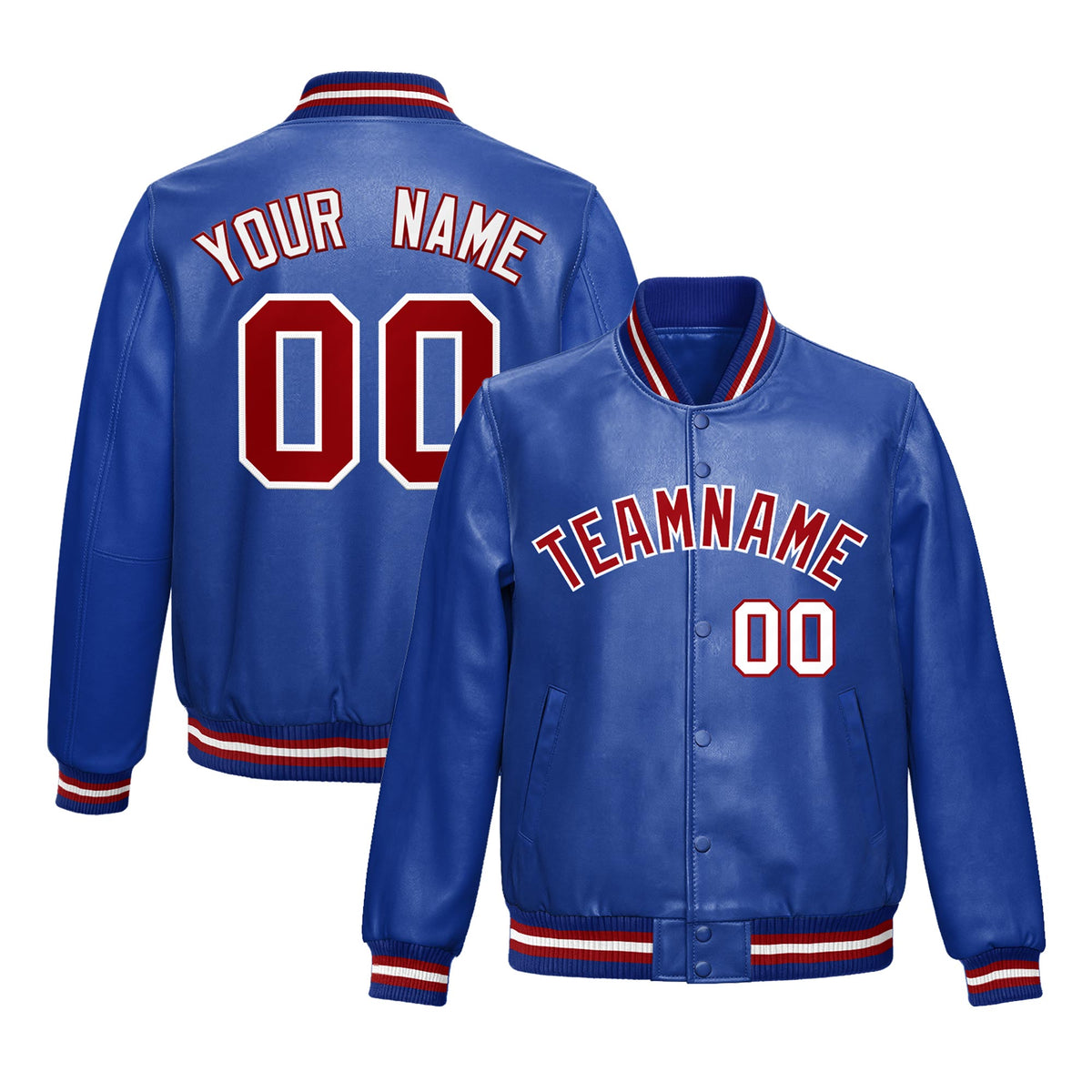 Custom Royal Blue Red White Full-Snap Varsity Faux Leather Letterman Jacket| KXKSHOP
