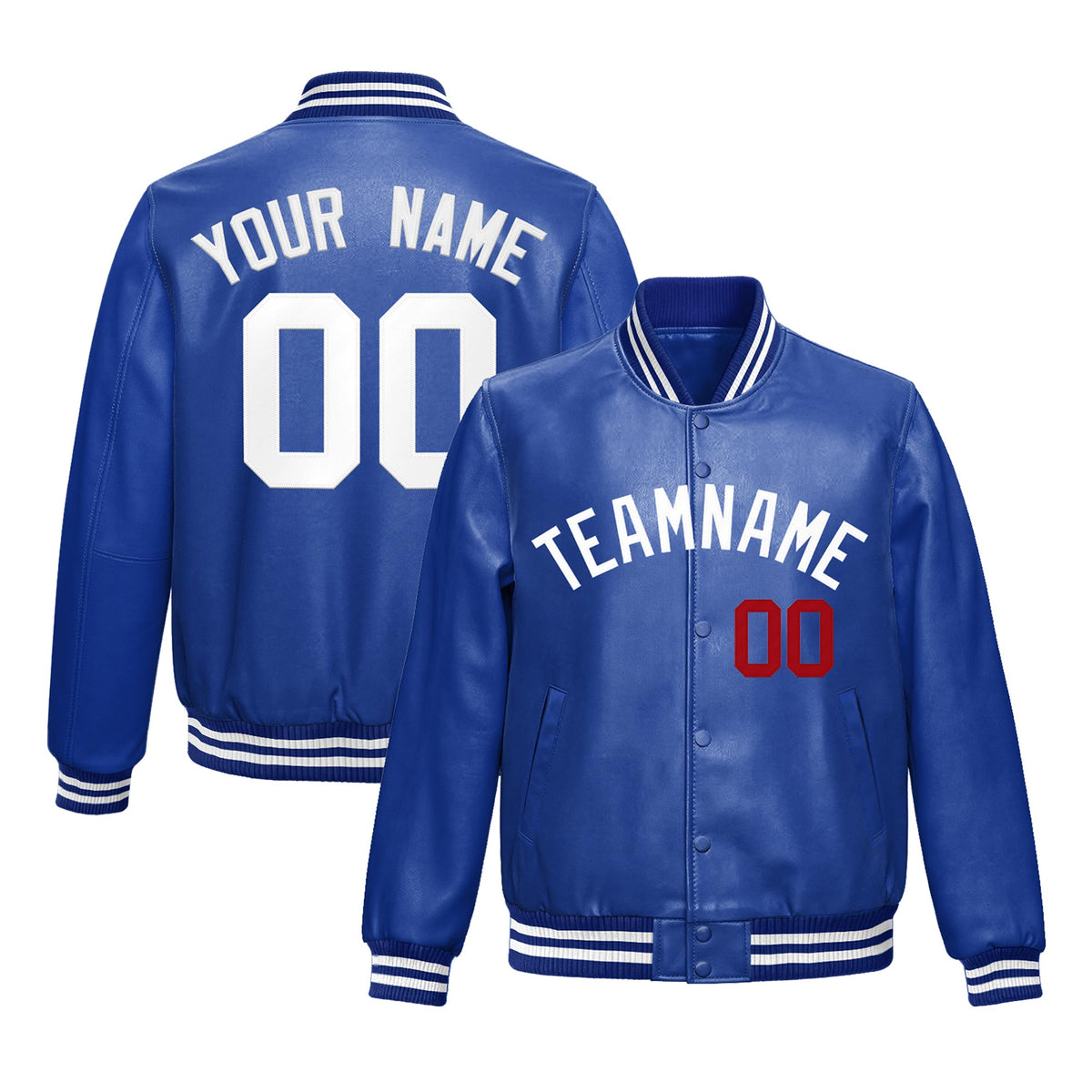Custom Royal Blue White Full-Snap Varsity Faux Leather Letterman Jacket| KXKSHOP