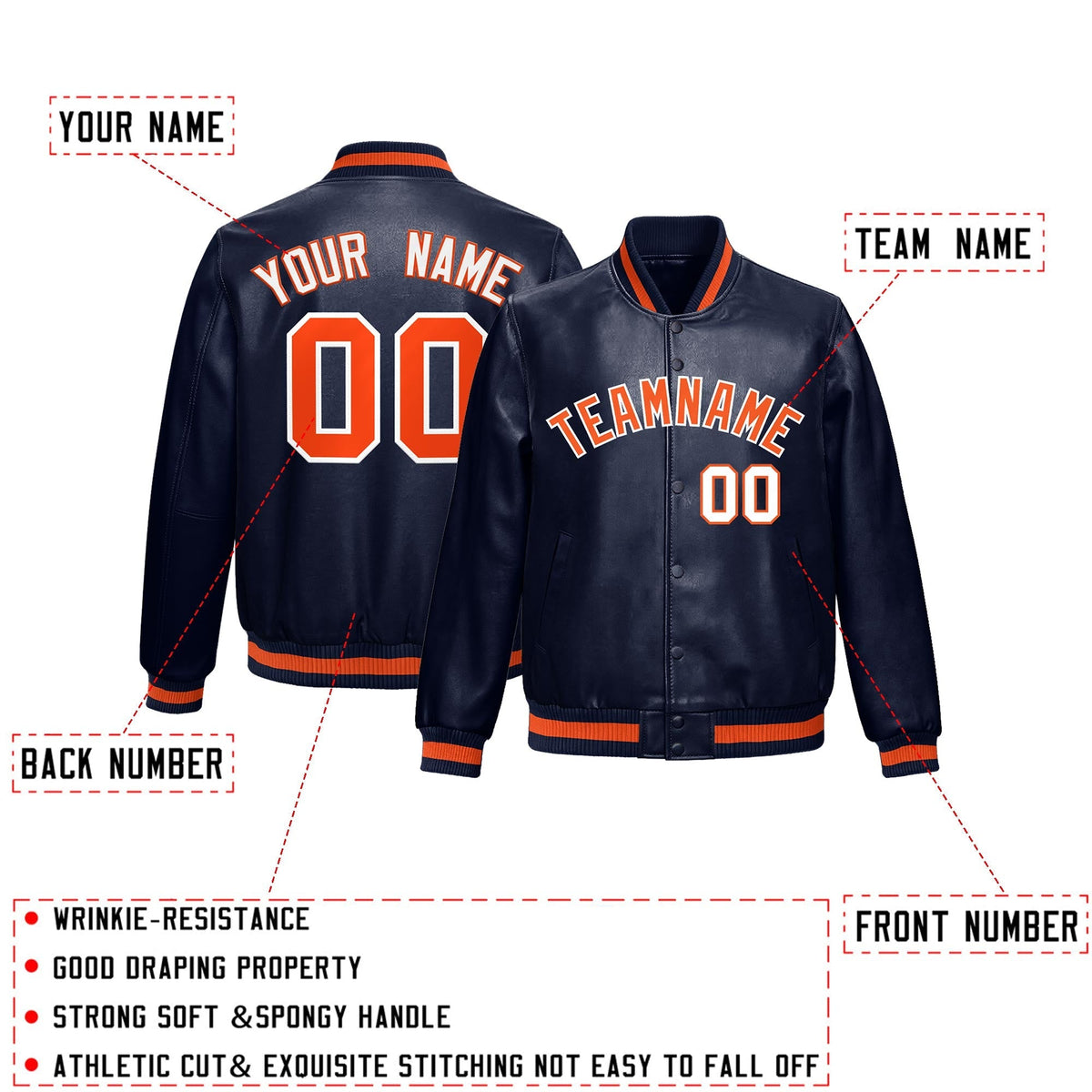 Custom Navy Orange Full-Snap Varsity Faux Leather Letterman Jacket| KXKSHOP