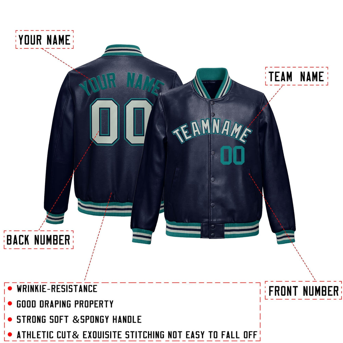 Custom Navy Teal Full-Snap Varsity Faux Leather Letterman Jacket| KXKSHOP