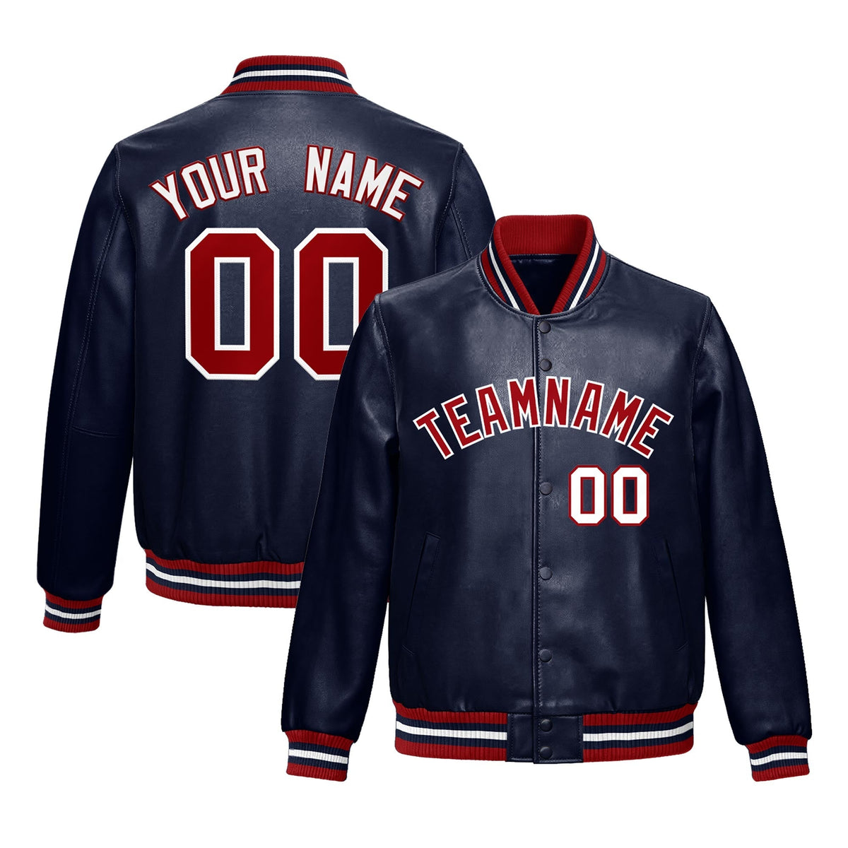 Custom Navy Red Full-Snap Varsity Faux Leather Letterman Jacket| KXKSHOP